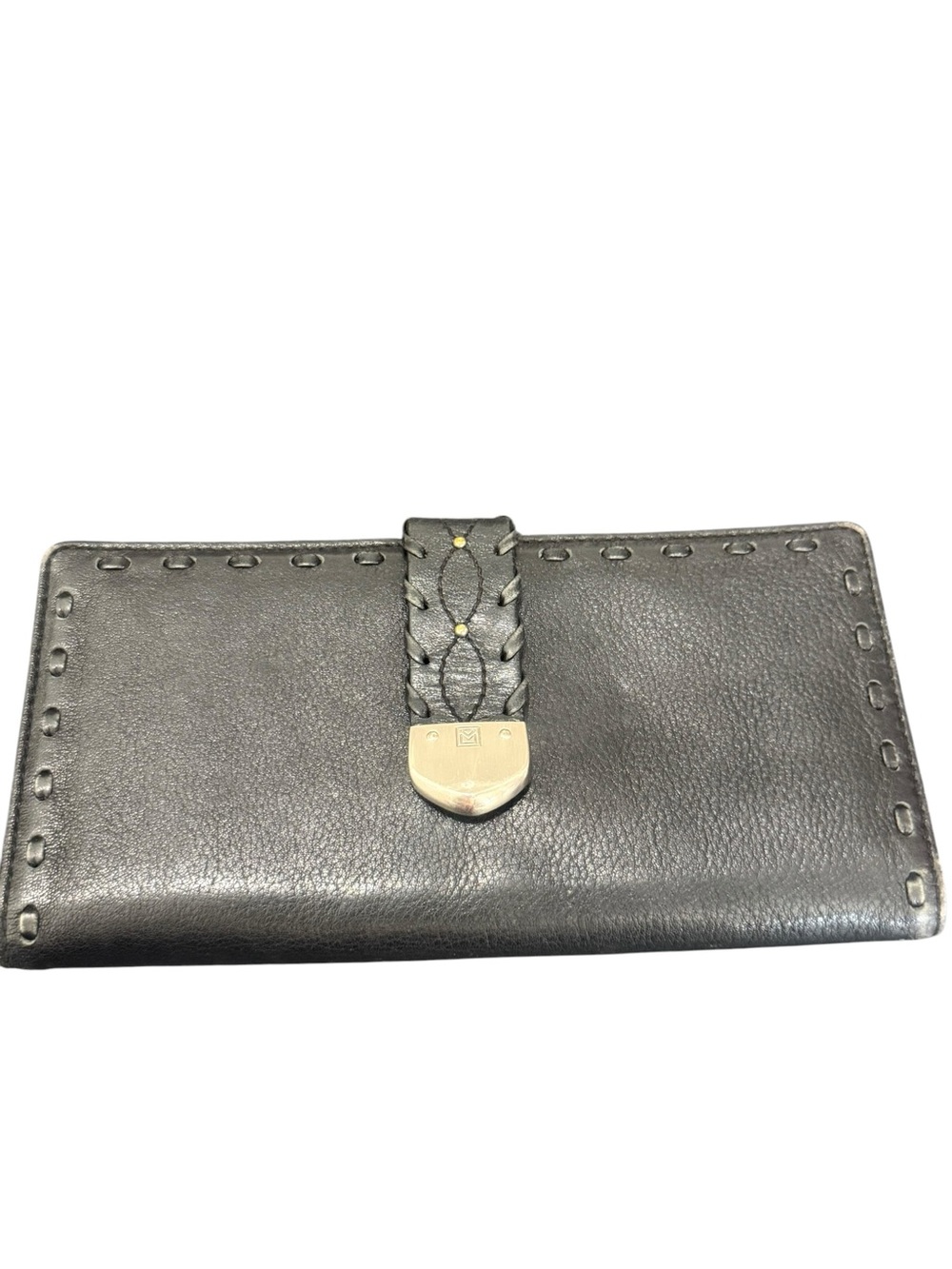 Michael Kors Black Leather Bifold Wallet with Braided Strap and Gold Clasp